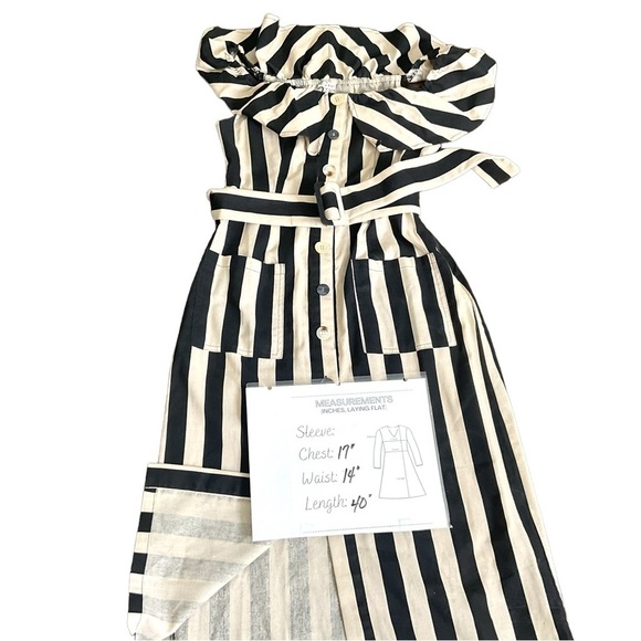 Moon River Black Tan Stripe Linen Cotton off the shoulder Dress Pockets SZ M - Picture 11 of 11